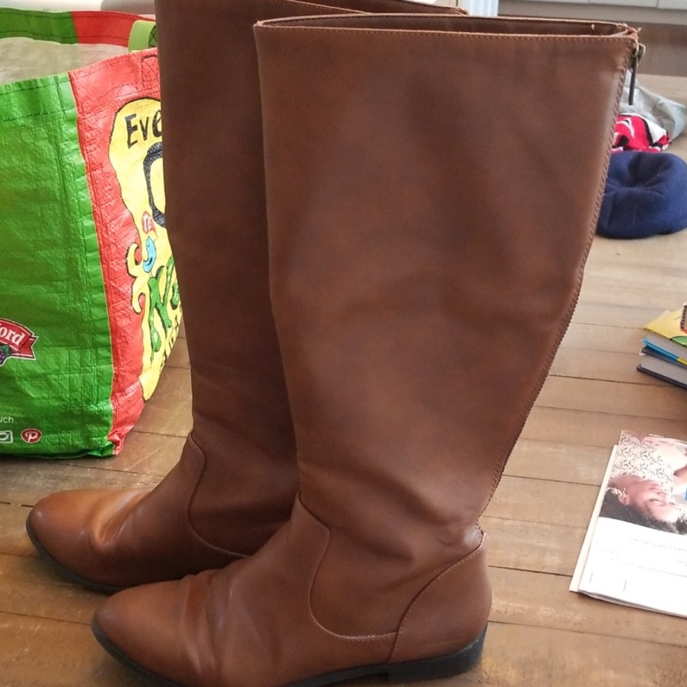 Brown faux leather tall boots